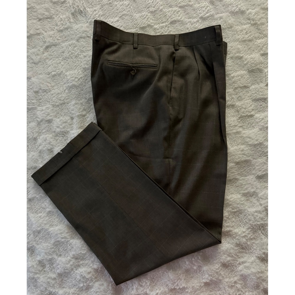 Ralph Lauren Mens Brown Windowpane Plaid Pleated Cuffed Dress Pants 36x30